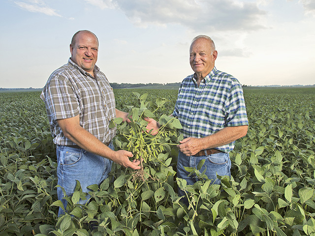 Jeff Shawhan (left) and dad, John, produce non-GMO soybeans destined for Japan&#039;s highly competitive food market. (Progressive Farmer photo by Jodi Miller)